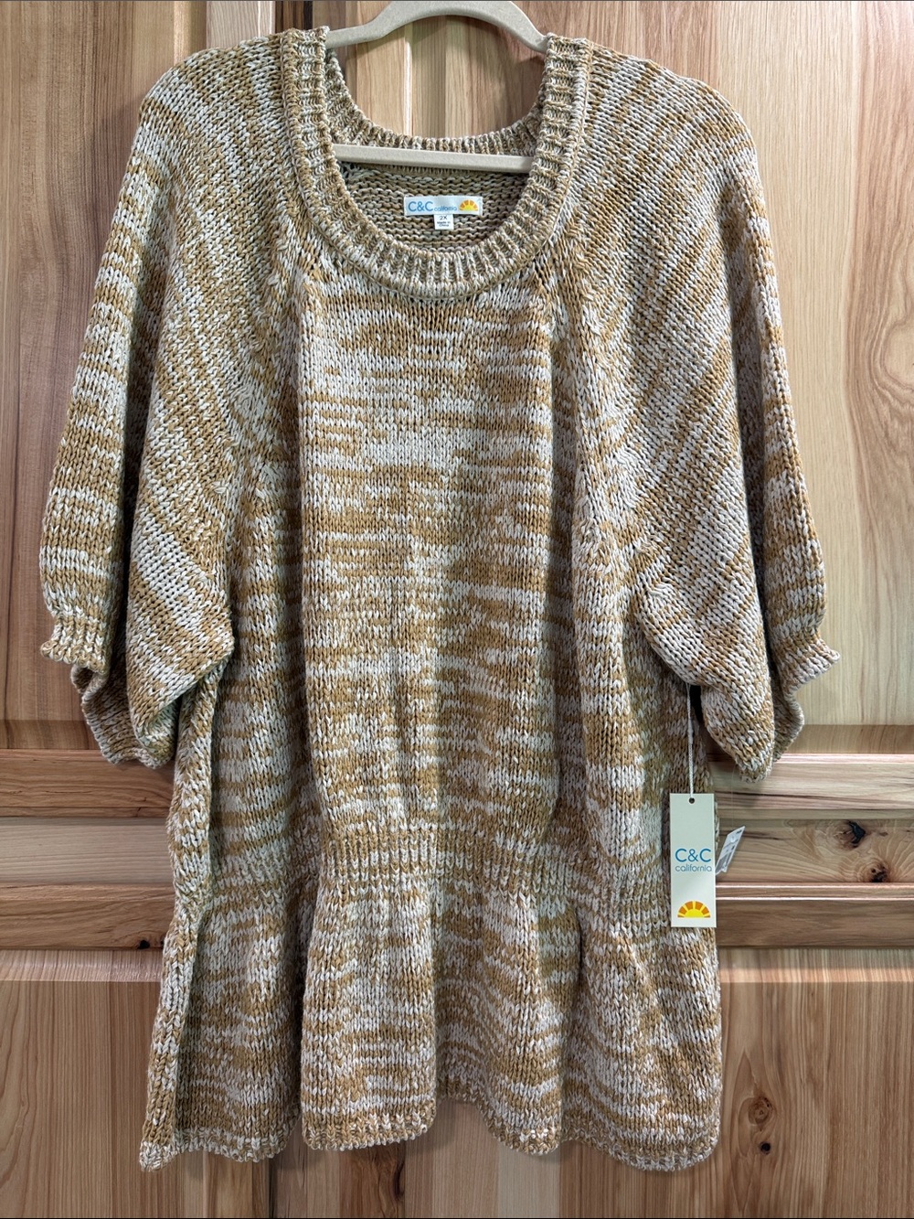 New! C&C California 2X Peplum Cream Tan Marled Scoop Neck Short Sleeve Sweater